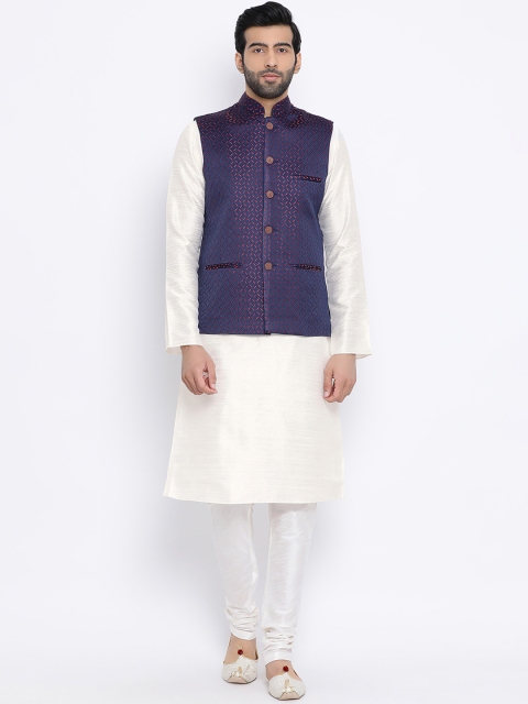 

NAMASKAR Men Blue & Off-White Self Design Kurta with Churidar
