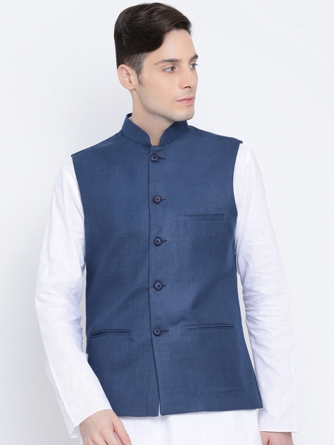

Namaskar Men Blue Solid Woven Pure Cotton Nehru Jacket