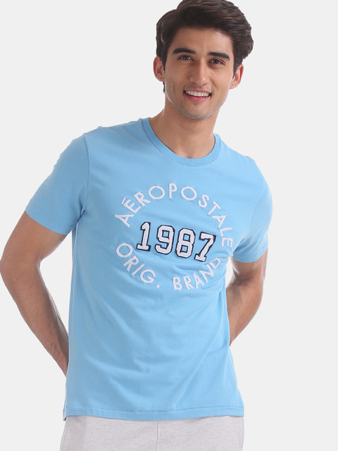 

Aeropostale Men Blue Embroidered Round Neck Pure Cotton T-shirt