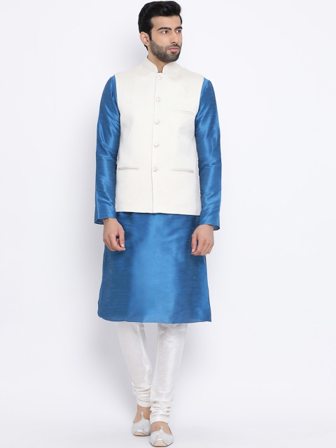 

NAMASKAR Men White & Blue Self Design Kurta with Churidar