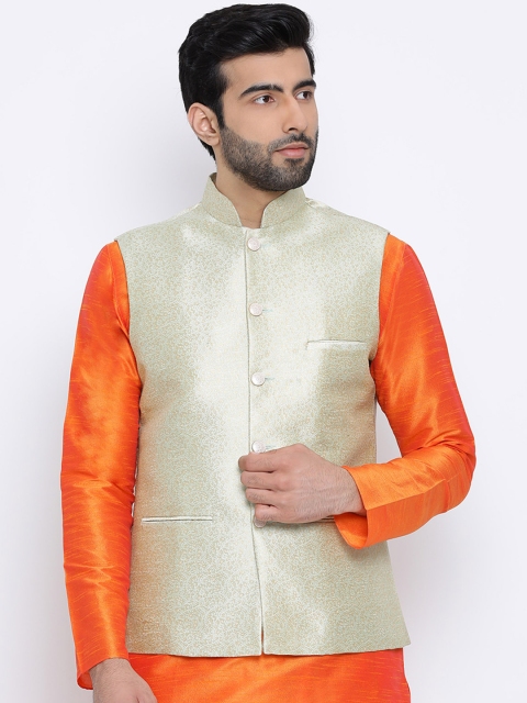

Namaskar Men Green & Gold-Toned Woven Design Nehru Jacket