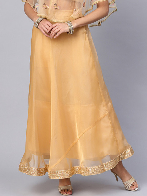 

Juniper Women Gold-Coloured Solid Organza Flared Maxi Skirt