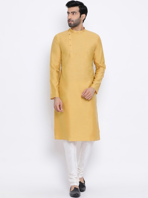 

NAMASKAR Men Yellow & Off-White Solid Silk Kurta with Dupion Silk Churidar