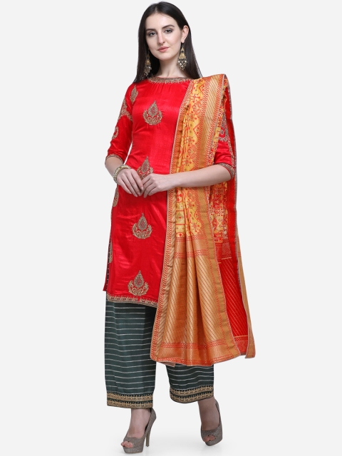 

Stylee LIFESTYLE Red & Green Satin Semi-Stitched Dress Material