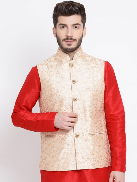 

Namaskar Men Gold-Toned Printed Woven Pure Silk Nehru Jacket