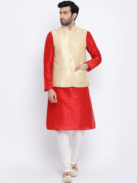 

NAMASKAR Men White & Red Self Design Kurta with Churidar
