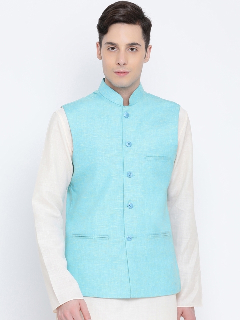 

Namaskar Men Blue Solid Woven Pure Cotton Nehru Jacket