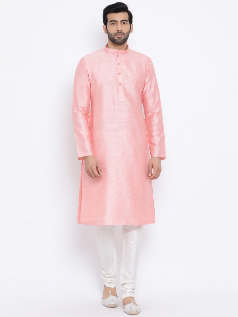 

NAMASKAR Men Pink & Off-White Solid Silk Kurta with Churidar