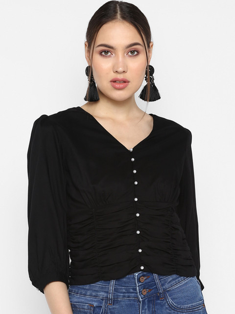 

FOSH Women Black Solid Shirt Style Top