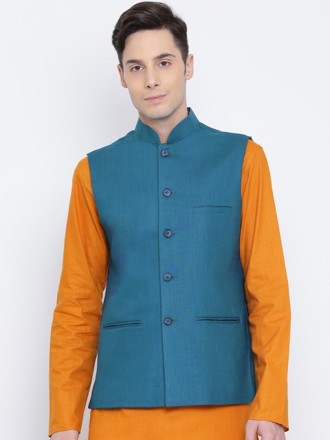 

Namaskar Men Blue Solid Woven Pure Cotton Nehru Jacket