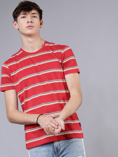 

LOCOMOTIVE Men Red & Yellow Striped Round Neck Slim Fit T-shirt