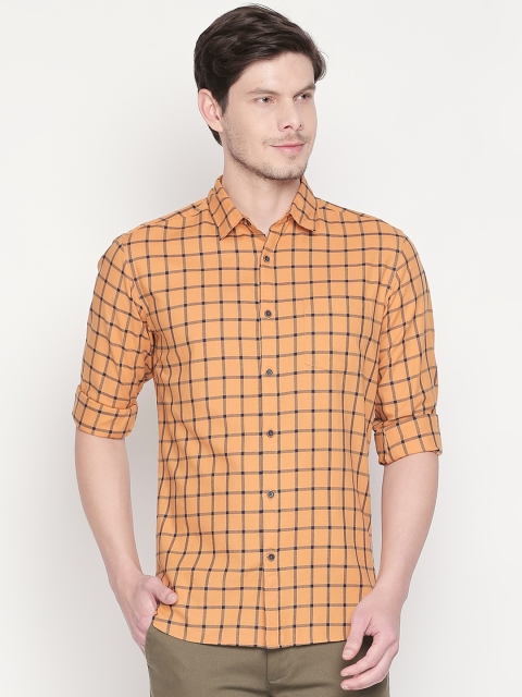 

BYFORD by Pantaloons Men Peach-Coloured & Blue Slim Fit Checked Casual Shirt