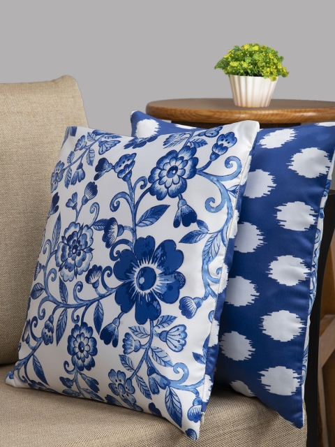 

HOUZZCODE White & Blue Printed Set of 2 Ethnic Motifs Square Cushion Covers