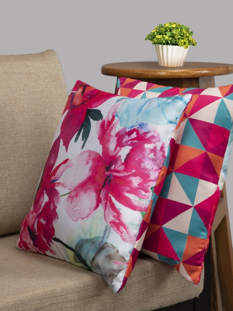 

HOUZZCODE Multicoloured & White Printed Set of 2 Floral Square Cushion Covers, Multi