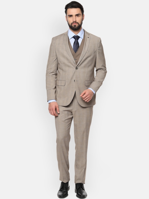 

Van Heusen Men Beige & Brown Solid Single Breasted Slim-Fit 3 Piece Suit