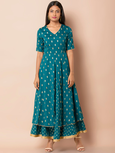 

INDYA Women Teal Foil Embellished Tunic with Attached Skirt, Green