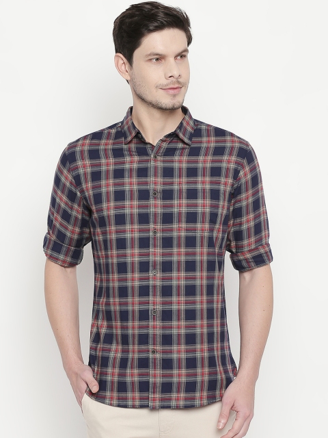 

BYFORD by Pantaloons Men Navy Blue & Grey Slim Fit Checked Casual Shirt