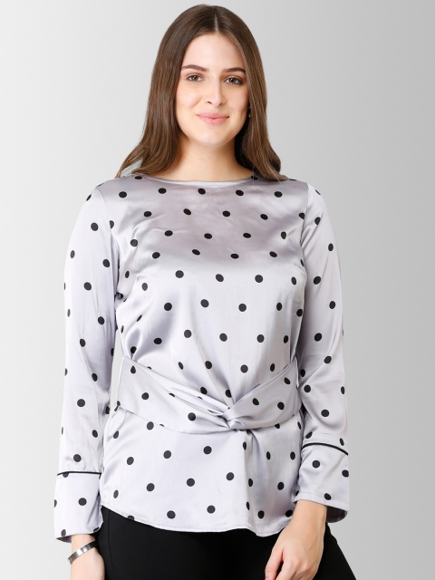 

FableStreet Women Silver-Toned & Black Polka Dot Satin Top