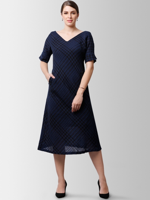 

FableStreet Women Navy Blue Checked Fit and Flare Dress