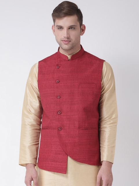 

TABARD Men Maroon Solid Pure Silk Nehru Jacket