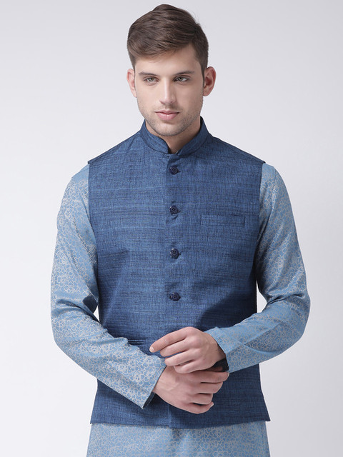 

TABARD Men Blue Solid Pure Silk Nehru Jacket