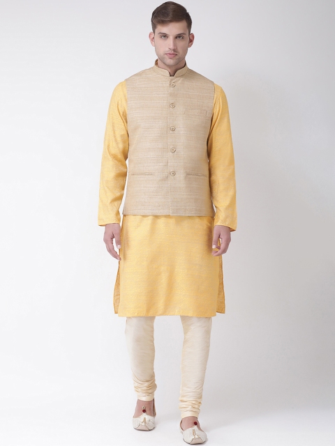 

TABARD Men Beige & Yellow Nehru Jacket Kurta Churidar Set
