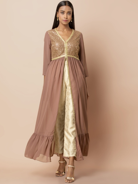 

INDYA Rose Pink Embroidered Yoke High Slit Tunic, Brown