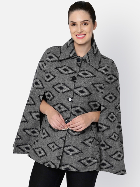 

Owncraft Women Grey & Black Printed Jacquard Woolen Coat