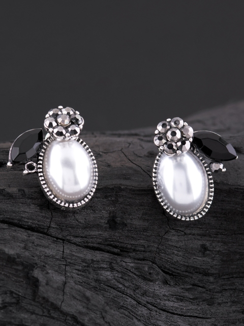

E2O Silver-Toned & Black Teardrop Shaped Studs