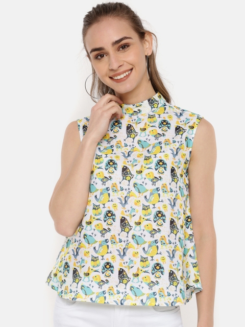 

IDK Women White & Yellow Printed A-Line Top