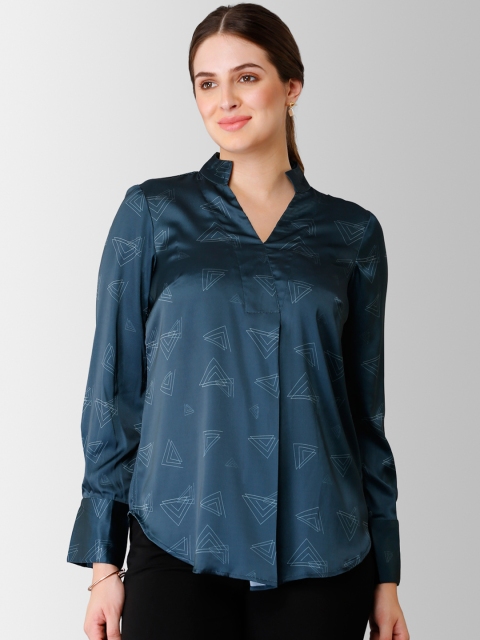 

FableStreet Women Teal Blue Printed Shirt Style Top