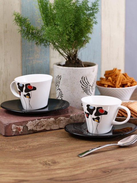 

CLAY CRAFT White & Black Set of 6 Bone China Cups and Saucers