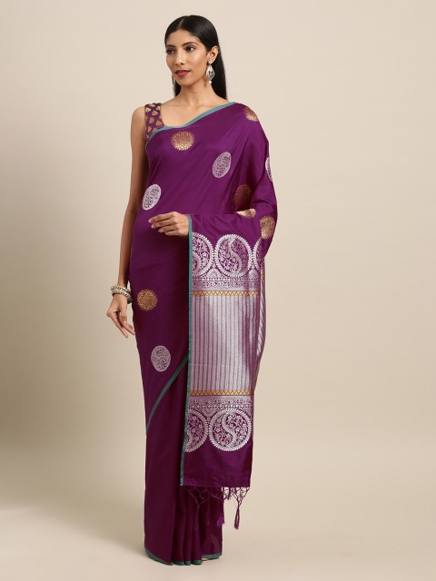 

Mitera Purple & Silver-Toned Silk Blend Woven Design Banarasi Saree
