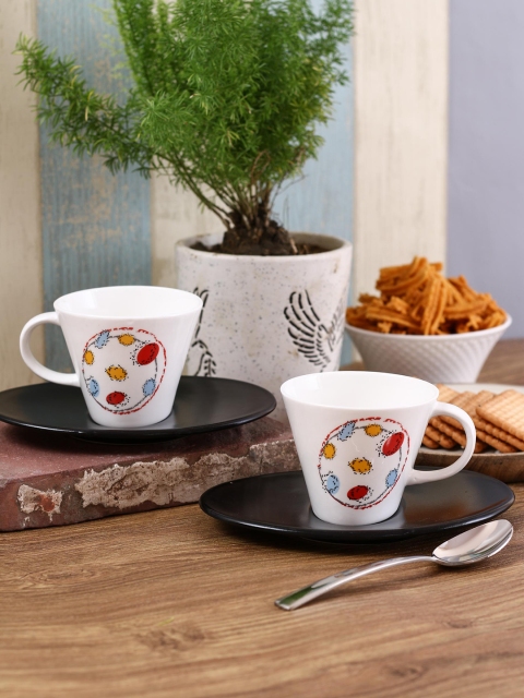 

CLAY CRAFT White & Red Set of 6 Bone China Cups and Saucers