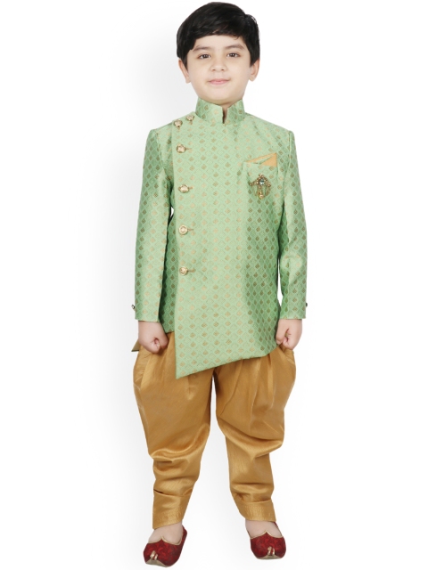 

SG YUVRAJ Boys Green & Gold-Coloured Woven-Design Silk Sherwani