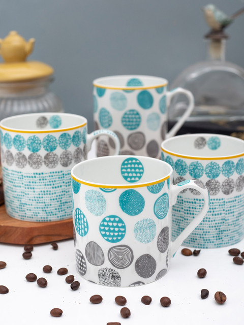 

GOODHOMES White & Blue Set of 4 Bone China Cup