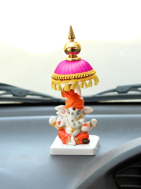 

eCraftIndia White & Orange Lord Ganesha With Chatri Car Showpiece