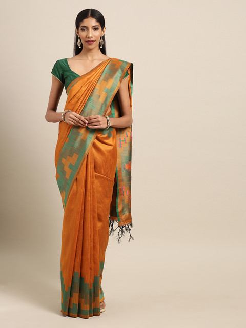 

Mitera Orange & Green Silk Blend Woven Design Ikat Saree