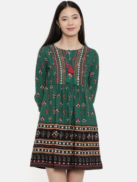

Chumbak Women Green & Beige Printed A-Line Dress