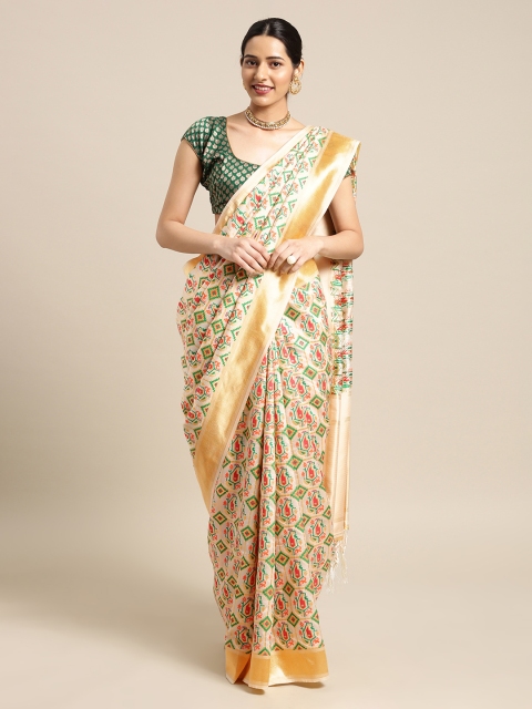 

Mitera Cream-Coloured & Green Silk Jacquard Woven Design Banarasi Saree