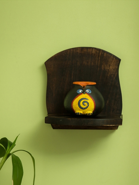 

ExclusiveLane Brown & Yellow Wood Handpainted Pocket Wall Shelf With Owl Face Pot