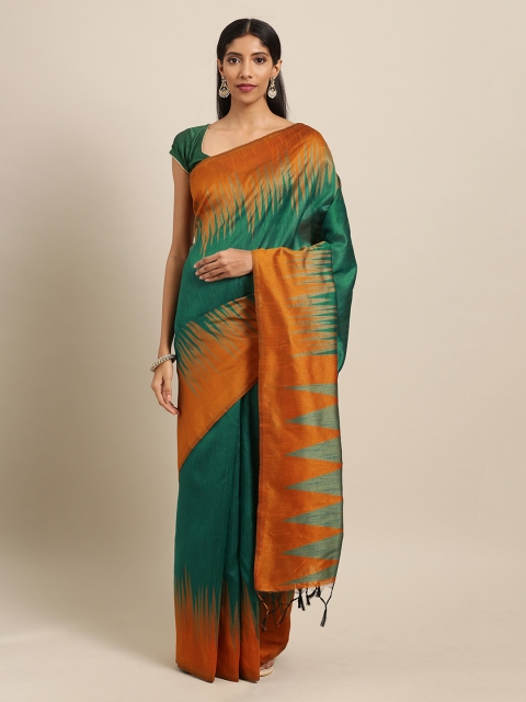 

Mitera Green & Mustard Silk Blend Woven Design Ikat Saree