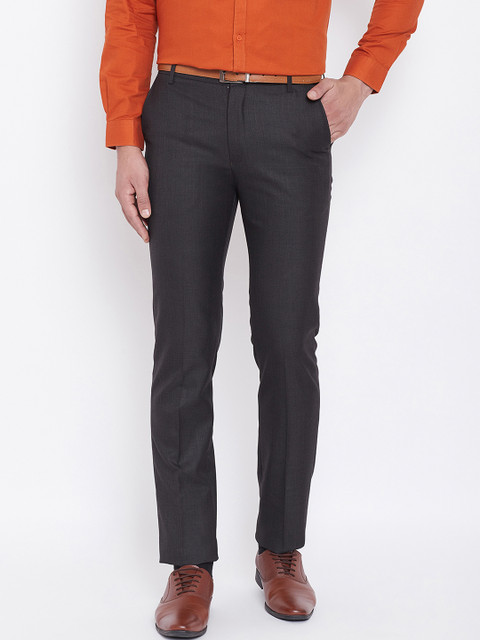 

Canary London Men Charcoal Grey Smart Slim Fit Self Design Formal Trousers