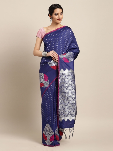 Mitera Navy Blue Silk Blend Woven Design Banarasi Saree