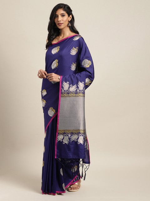 

Mitera Blue & Silver-Toned Silk Jacquard Woven Design Banarasi Saree