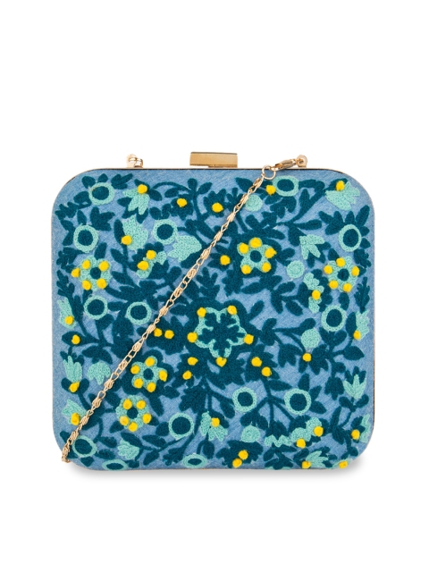 

Chumbak Blue & Yellow Embroidered Box Clutch