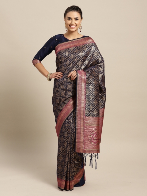 

Mitera Navy Blue & Gold-Toned Silk Blend Woven Design Banarasi Saree