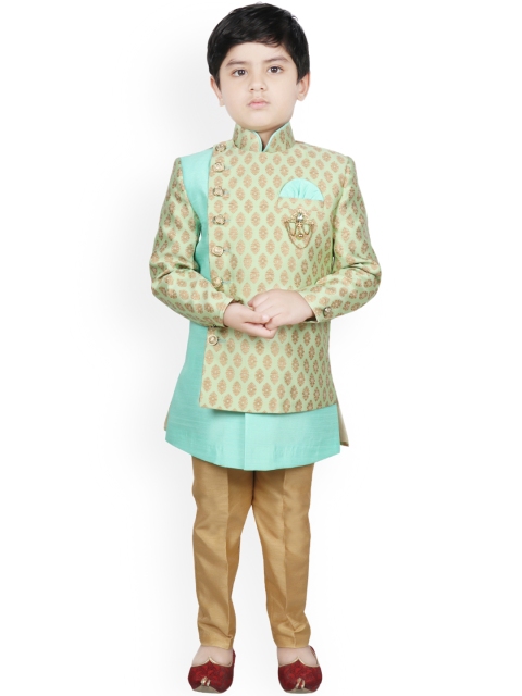 

SG YUVRAJ Boys Green & Turquoise Blue Woven-Design Silk Sherwani