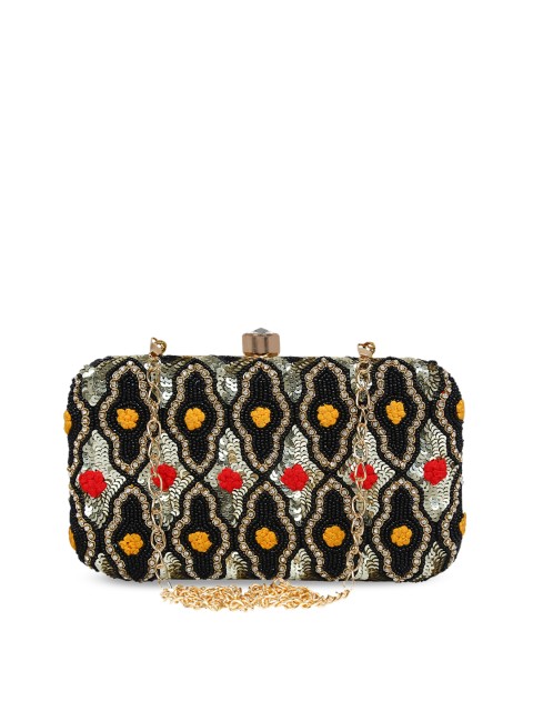 

Anekaant Black & Silver-Toned Embellished Embellished Clutch