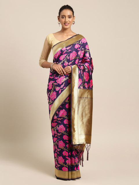 

Mitera Navy Blue & Pink Silk Blend Woven Design Banarasi Saree